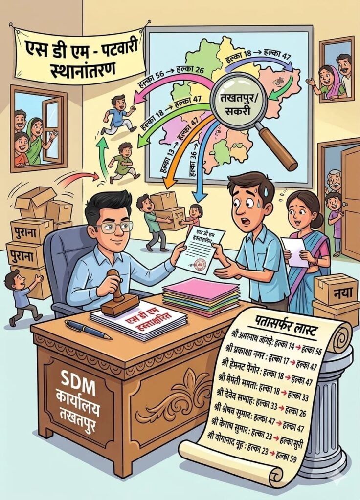 तखतपुर में प्रशासनिक सर्जरी :- 3 साल से एक ही हल्के में जमे पटवारियों का ताबड़तोड़ तबादला